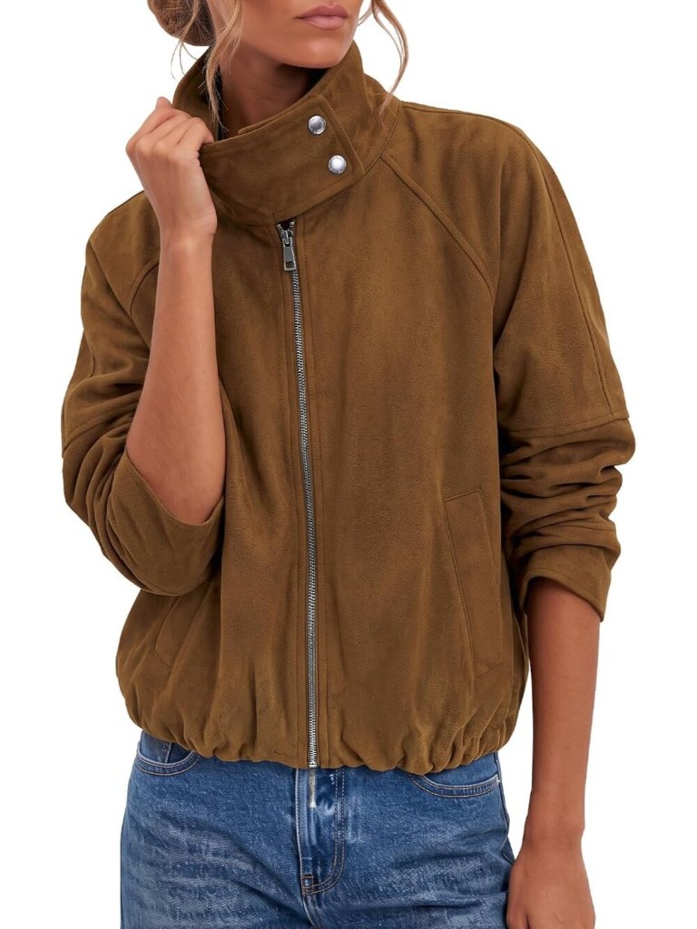 Women's Brown Funnel Neck Faux Suede Cropped Oversized ZIP Bomber Jacket